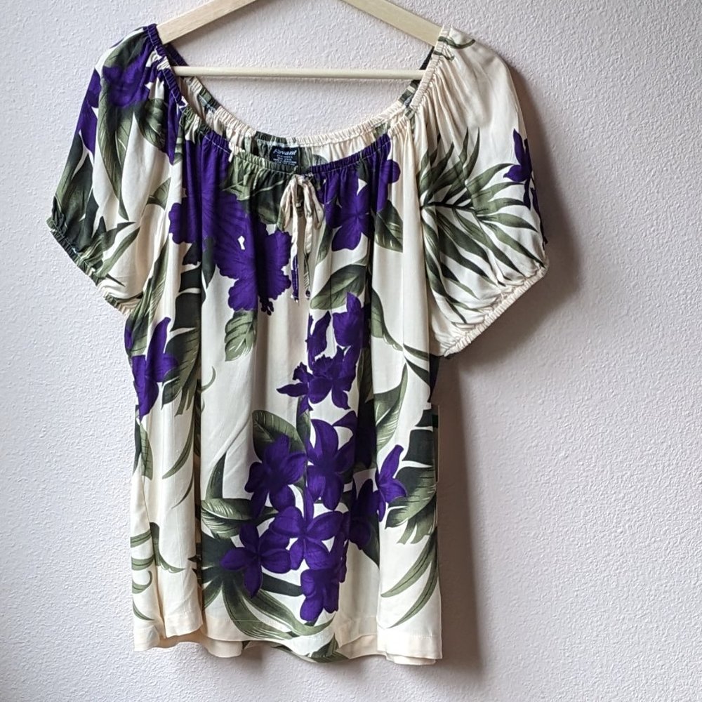 NWT Favant - Cream and Purple Hawaiian Print Blouse - Women's XL